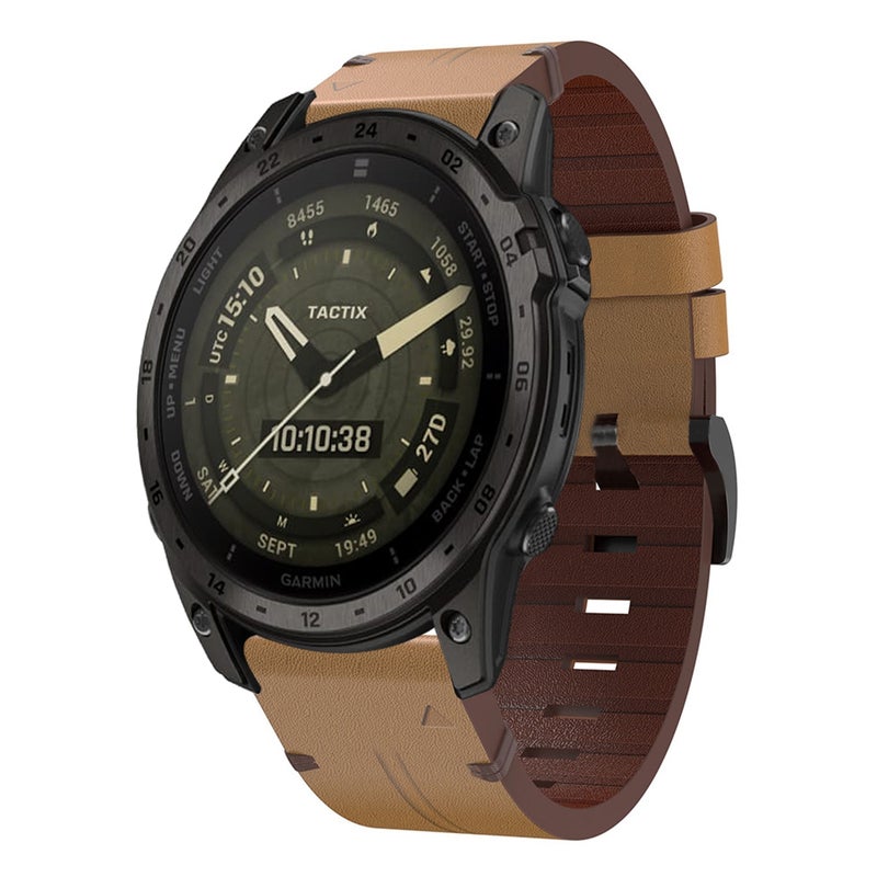 S-TOP For Garmin Tactix 7 AMOLED Leather Steel Buckle 26mm Watch Band(Light Brown) - Image 1