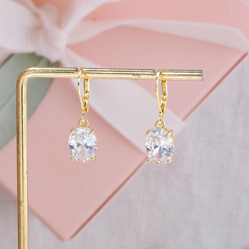 CiNily Cut-Oval Leverback Dangle Earrings for Women White Cubic Zircon 14k Gold Plated Hypoallergenic Hanging Earrings Lightweight Drop Earrings Jewelry - Image 4
