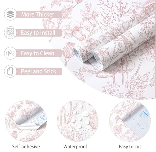 Toduso Peel and Stick Wallpaper Pink Floral Wall Paper Pink and White Contact Paper Removable Waterproof Flowers Wallpaper for Bedroom Bathroom Cabinets Vinyl 17.3" x 78.7" - Image 2
