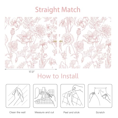 Toduso Peel and Stick Wallpaper Pink Floral Wall Paper Pink and White Contact Paper Removable Waterproof Flowers Wallpaper for Bedroom Bathroom Cabinets Vinyl 17.3" x 78.7" - Image 4