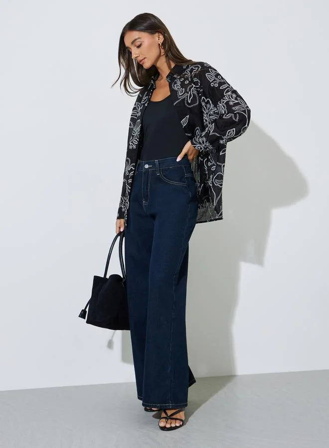 Styli Navy Blue Eyelet Embroidered Longline Oversized Shirt