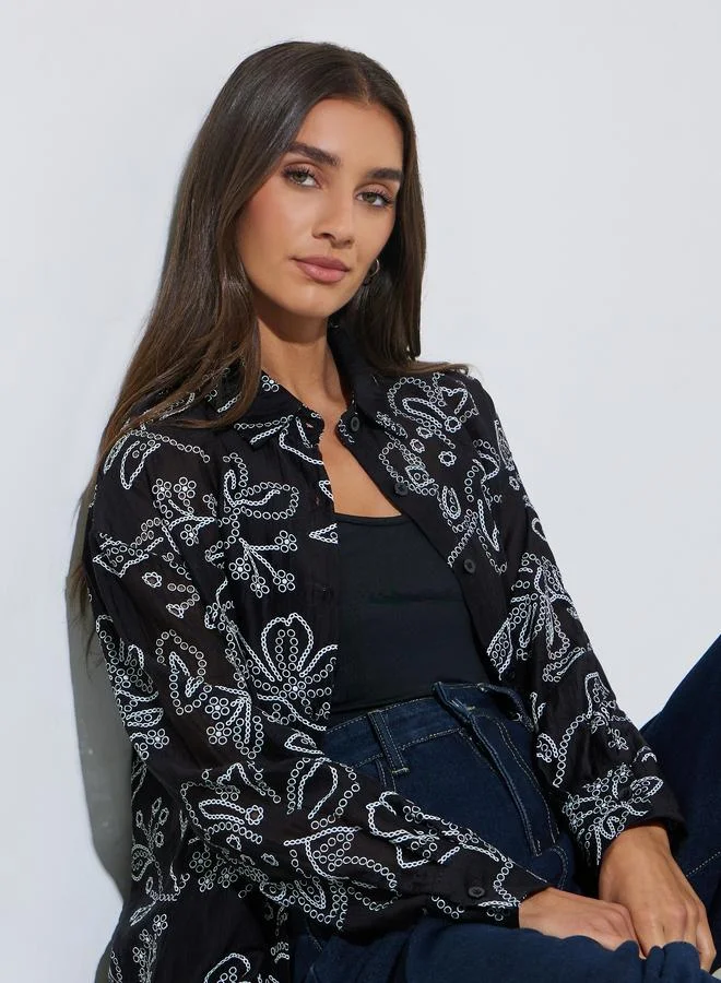 Styli Navy Blue Eyelet Embroidered Longline Oversized Shirt