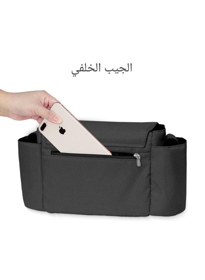 حقيبة تخزين بسعة كبيرة للعربة – منظّم معلق عملي للأمهات، من بوليستر متين، أسود — يتناسب مع العربات ويحمل الأساسيات - Image 2