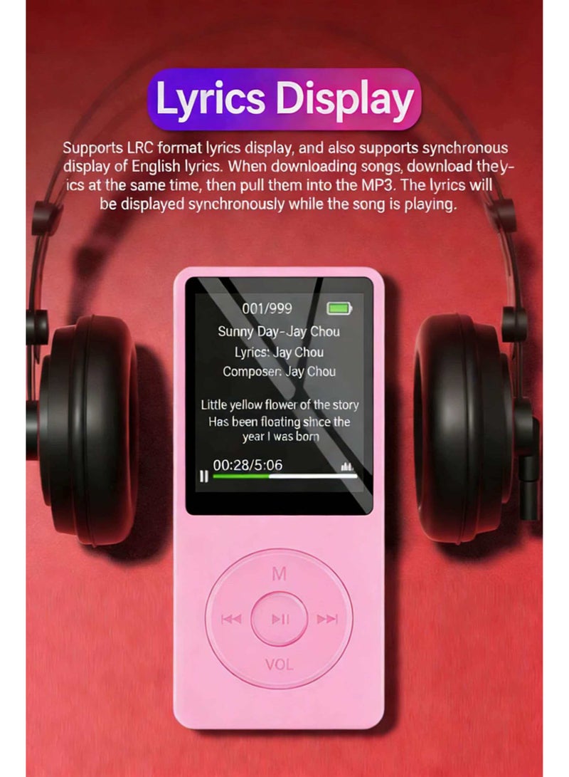 SANMUDII Bluetooth MP3 player, 64GB storage, 1.8-inch display, built-in speaker, FM radio support, voice recording, e-book compatibility. Specially designed for sports and running, it is a good holiday gift for classmates/reatives and friends/students. Portable media player (pink) - Image 4