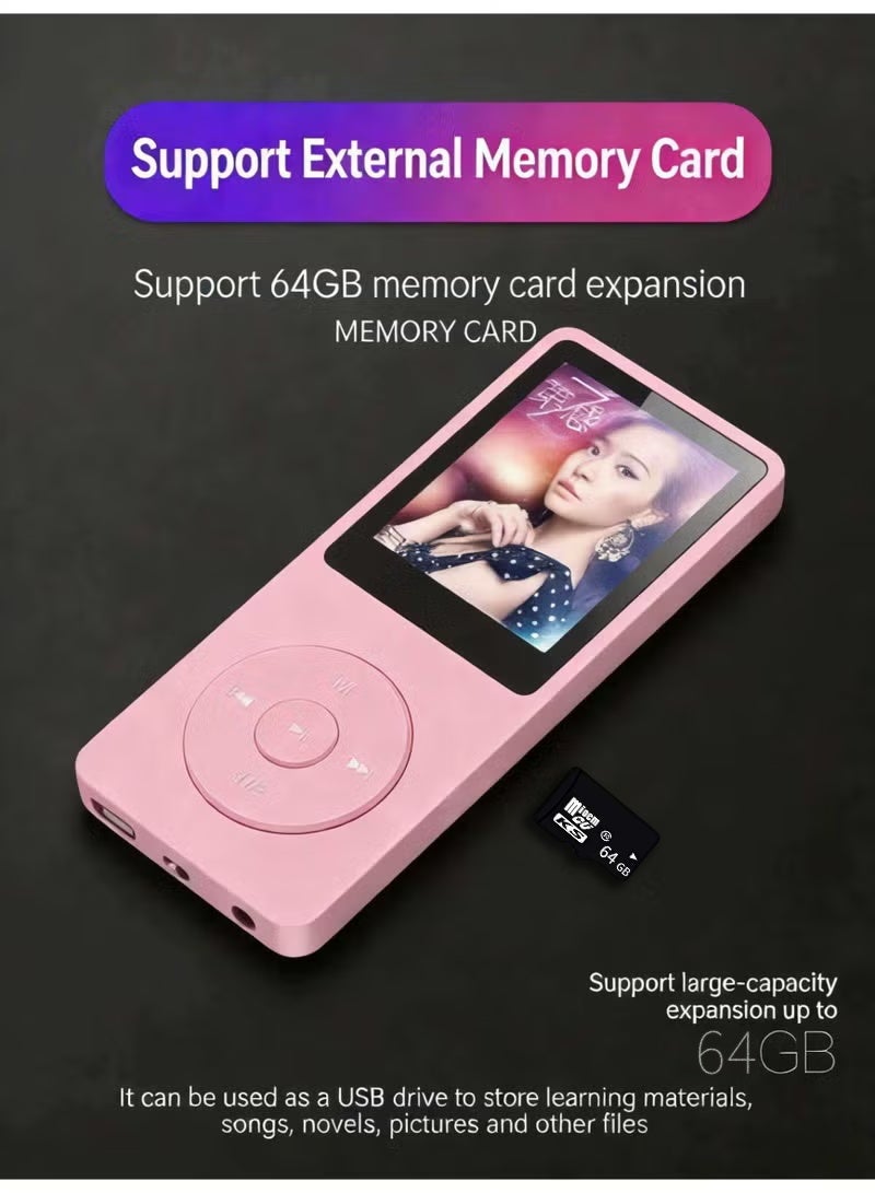 SANMUDII Bluetooth MP3 player, 64GB storage, 1.8-inch display, built-in speaker, FM radio support, voice recording, e-book compatibility. Specially designed for sports and running, it is a good holiday gift for classmates/reatives and friends/students. Portable media player (pink) - Image 3
