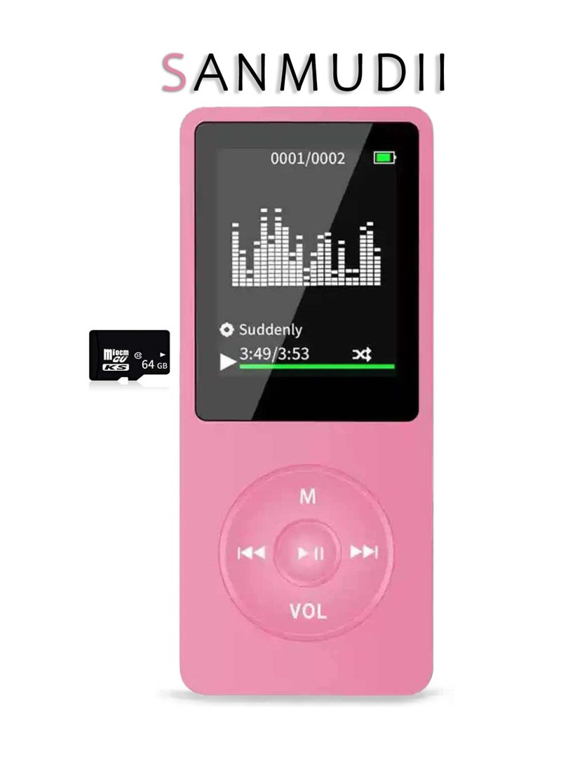 SANMUDII Bluetooth MP3 player, 64GB storage, 1.8-inch display, built-in speaker, FM radio support, voice recording, e-book compatibility. Specially designed for sports and running, it is a good holiday gift for classmates/reatives and friends/students. Portable media player (pink) - Image 1