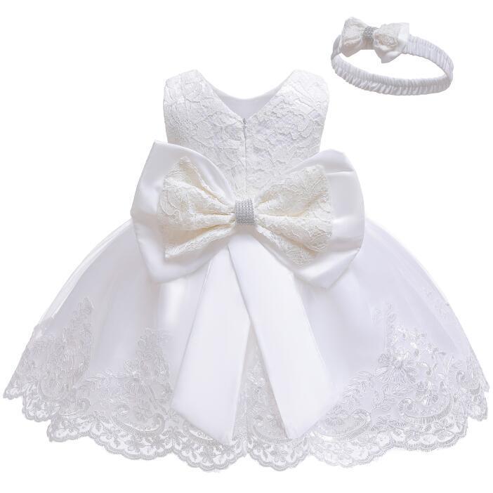 New European and American girls dinner performance bow lace dress large childrens evening dress wholesale white