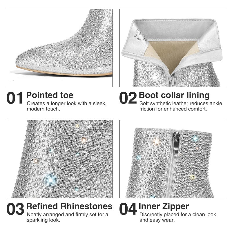 Rollda SUEDI Rhinestone Boots for Women, Sparkly Ankle Booties with Pointed Toe, Ladies Block Chunky Heel Glitter Boots - Image 5