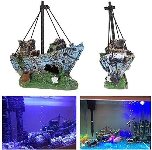 Superdream Resin Fishing Boat Aquarium Ornament Plastic Decoration Sunken Pirate Ship Theme