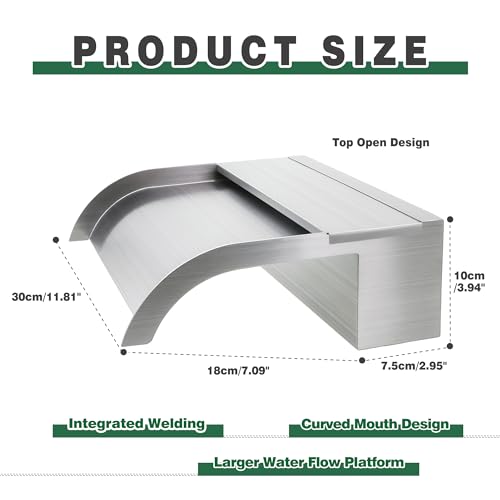 LONGRUNNEW Waterfall Spillway, Stainless Steel Pool Fountain w/Top Open Lip & Pipe Connector Kits for Outdoor/Indoor Decorative, 11.8'' Pool Water Feature for Garden Patio, Backyard Koi Pond Decor - Image 2
