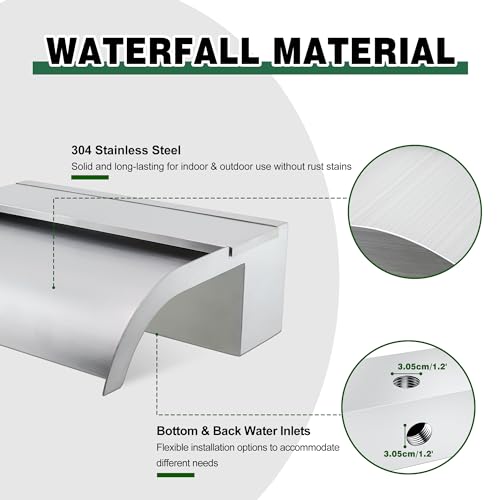 LONGRUNNEW Waterfall Spillway, Stainless Steel Pool Fountain w/Top Open Lip & Pipe Connector Kits for Outdoor/Indoor Decorative, 11.8'' Pool Water Feature for Garden Patio, Backyard Koi Pond Decor - Image 3