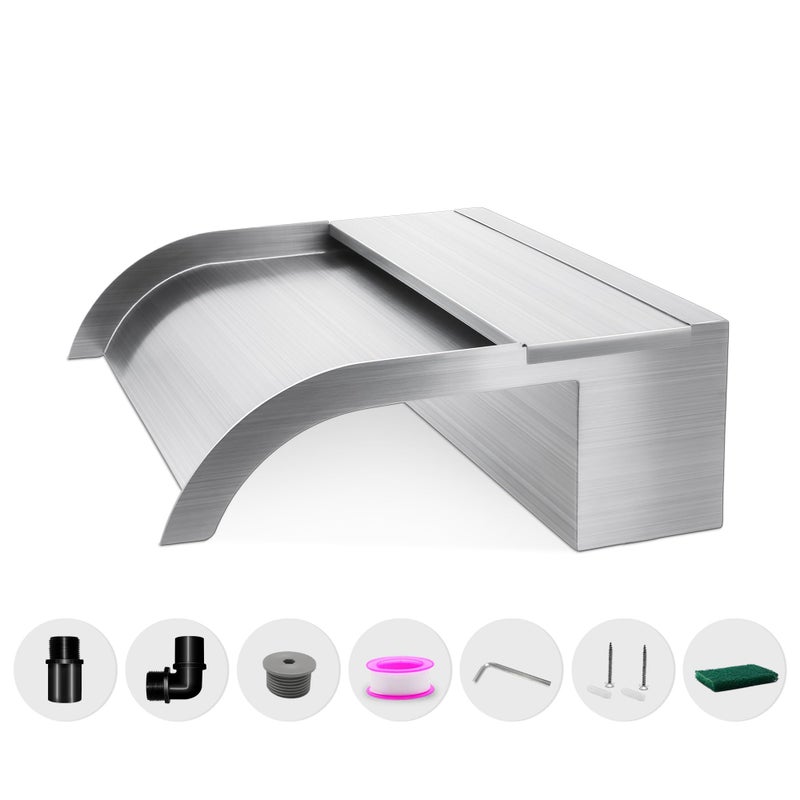 LONGRUNNEW Waterfall Spillway, Stainless Steel Pool Fountain w/Top Open Lip & Pipe Connector Kits for Outdoor/Indoor Decorative, 11.8'' Pool Water Feature for Garden Patio, Backyard Koi Pond Decor - Image 5