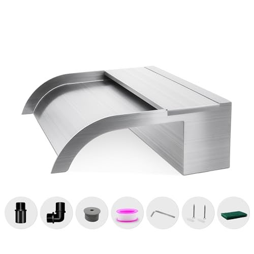 LONGRUNNEW Waterfall Spillway, Stainless Steel Pool Fountain w/Top Open Lip & Pipe Connector Kits for Outdoor/Indoor Decorative, 11.8'' Pool Water Feature for Garden Patio, Backyard Koi Pond Decor - Image 1