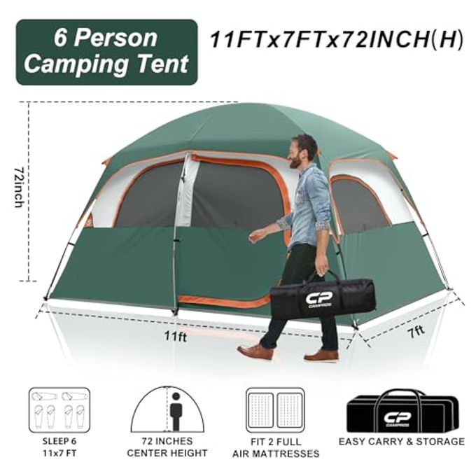 CAMPROS CP Tent-6-Person-Camping-Tents, Waterproof Windproof Family Tent With Top Rainfly, 4 Large Mesh Windows, Double Layer, Easy Set Up, Portable With Carry Bag (6 Person, Dark Green-6) - Image 5