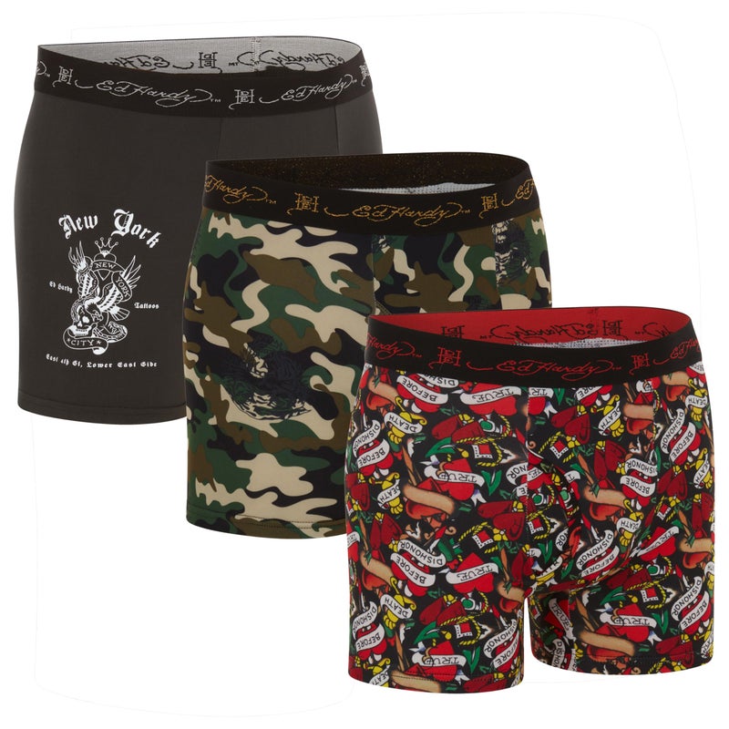 ED HARDY Mens Underwear Boxer Briefs Comfortable Breathable Stylish Design 3 Pack Muticolor Large