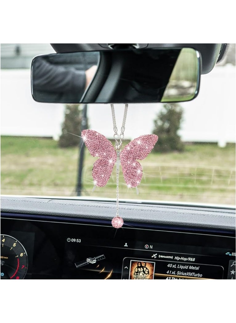 إكسسوارات السيارات Bling Butterfly Diamond، زينة مرآة الرؤية الخلفية للسيارة من الكريستال للنساء، هدايا الحظ لتزيين السيارة، زينة داخلية معلقة من الكريستال لجميع السيارات (وردي) - Image 1