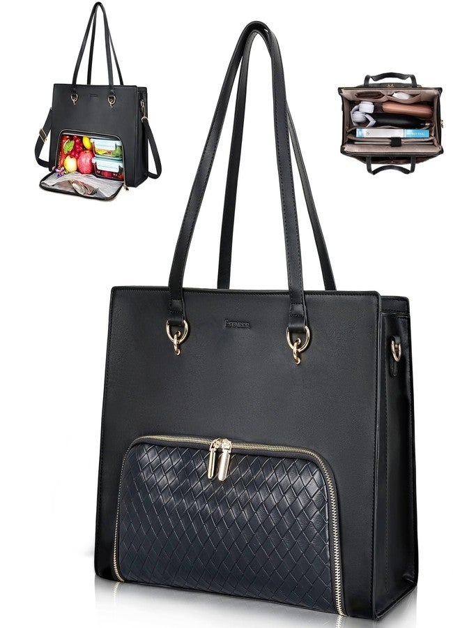 ESTARER Women Laptop Tote Bag with Insulated Lunch Compartment, 17.3 Inch Pu Leather Work Bag Water-resistant, Convertible Business Computer Briefcase Handbag for Office, Business & Commute, Black - Image 1