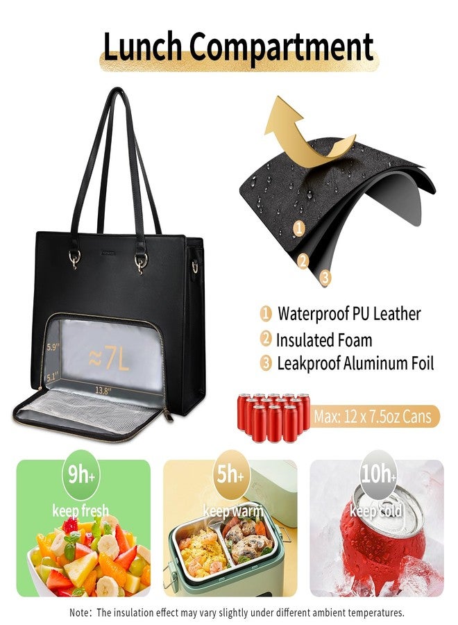 ESTARER Women Laptop Tote Bag with Insulated Lunch Compartment, 17.3 Inch Pu Leather Work Bag Water-resistant, Convertible Business Computer Briefcase Handbag for Office, Business & Commute, Black - Image 3