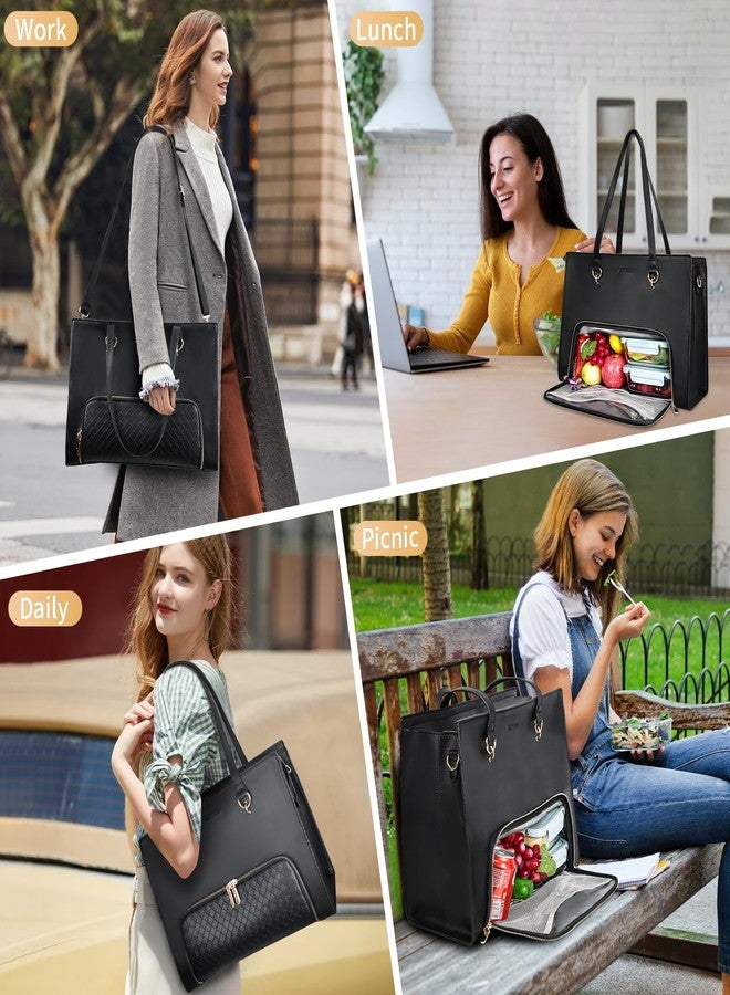ESTARER Women Laptop Tote Bag with Insulated Lunch Compartment, 17.3 Inch Pu Leather Work Bag Water-resistant, Convertible Business Computer Briefcase Handbag for Office, Business & Commute, Black - Image 2
