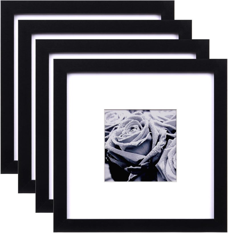 Yaetm 8x8 Picture Frames Black Set of 4 Square 8x8 Frame Displays 4x4 with Mat Gallery Wall Frames for Wall Mounted 4 Pack Black