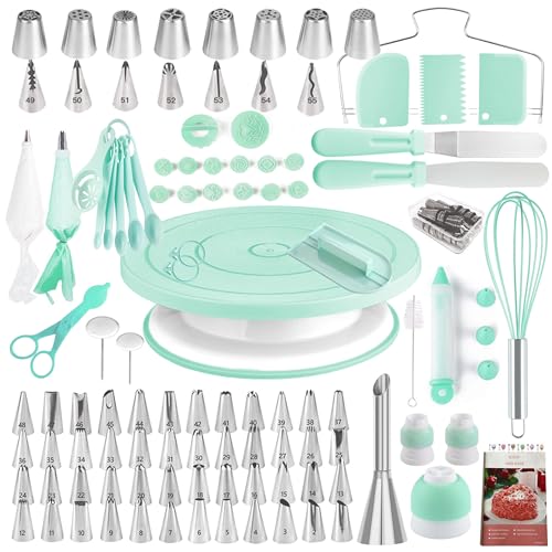 Boyun Cake Decorating Kit,137pcs Cake Decorating Supplies with Cake Turntable for Decorating,Pastry Piping Bag,Russian Piping Tips Baking Tools, Cake Baking Supplies for Beginners(Green) - Image 1