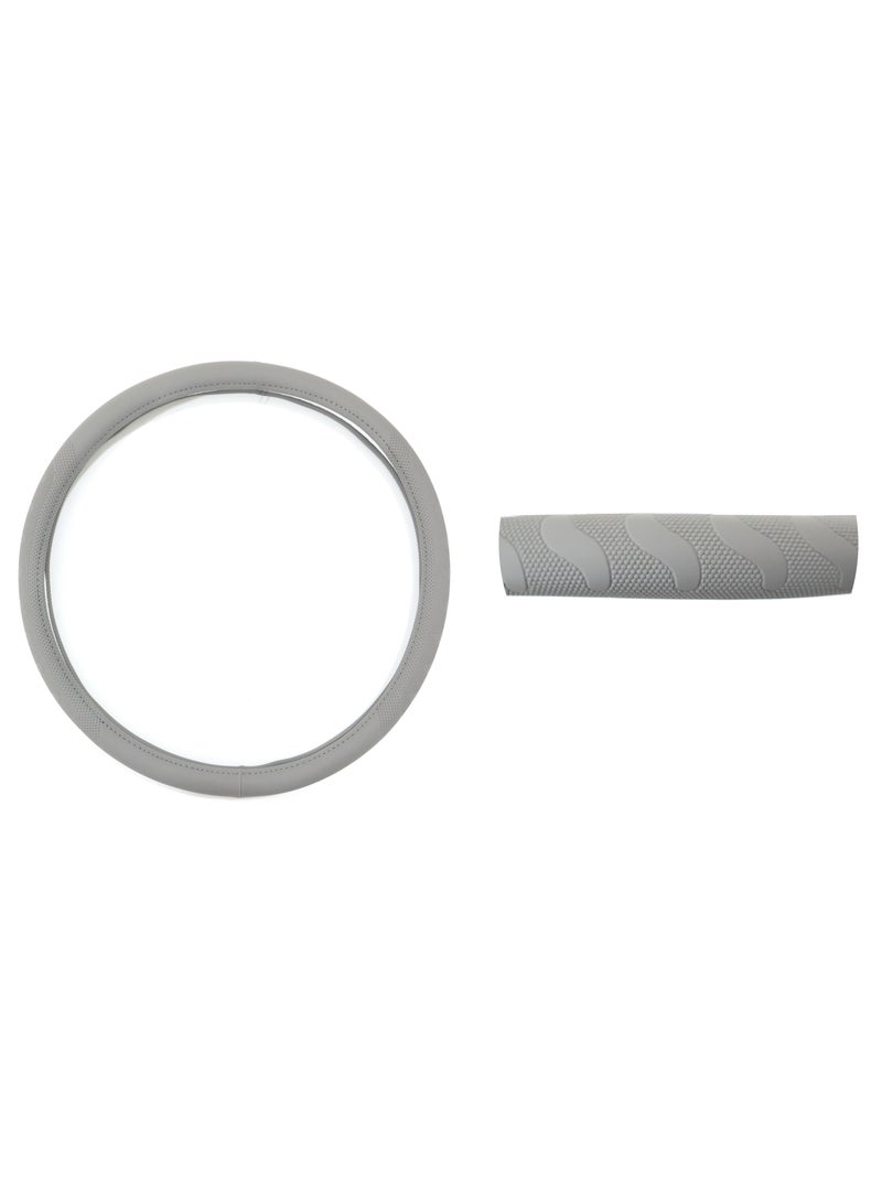 Universal Car Fit Steering Wheel Cover Gray Leather 50, Breathable & Non-Slip, Black Rubber Ring, 38CM