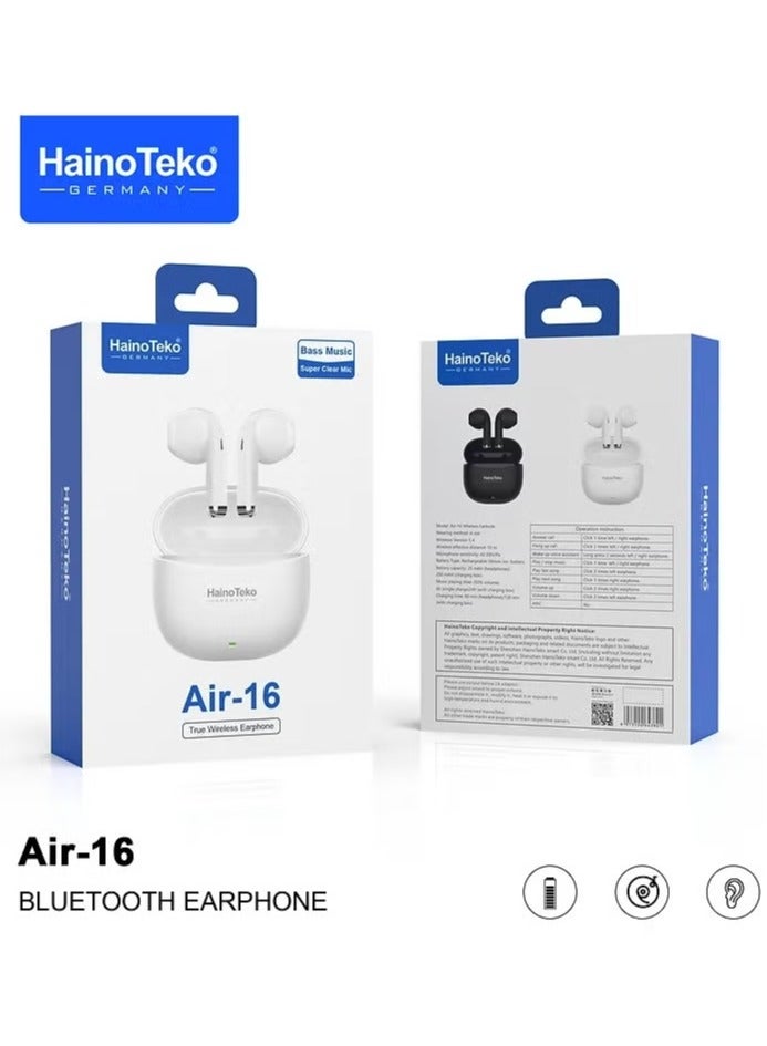 Haino Teko Wireless AIR-16 In-Ear Bluetooth Earphone | High-Quality Sound, Free Cover with Hook, Compatible with iOS & Android Devices, Lightweight & Comfortable, White - Image 1