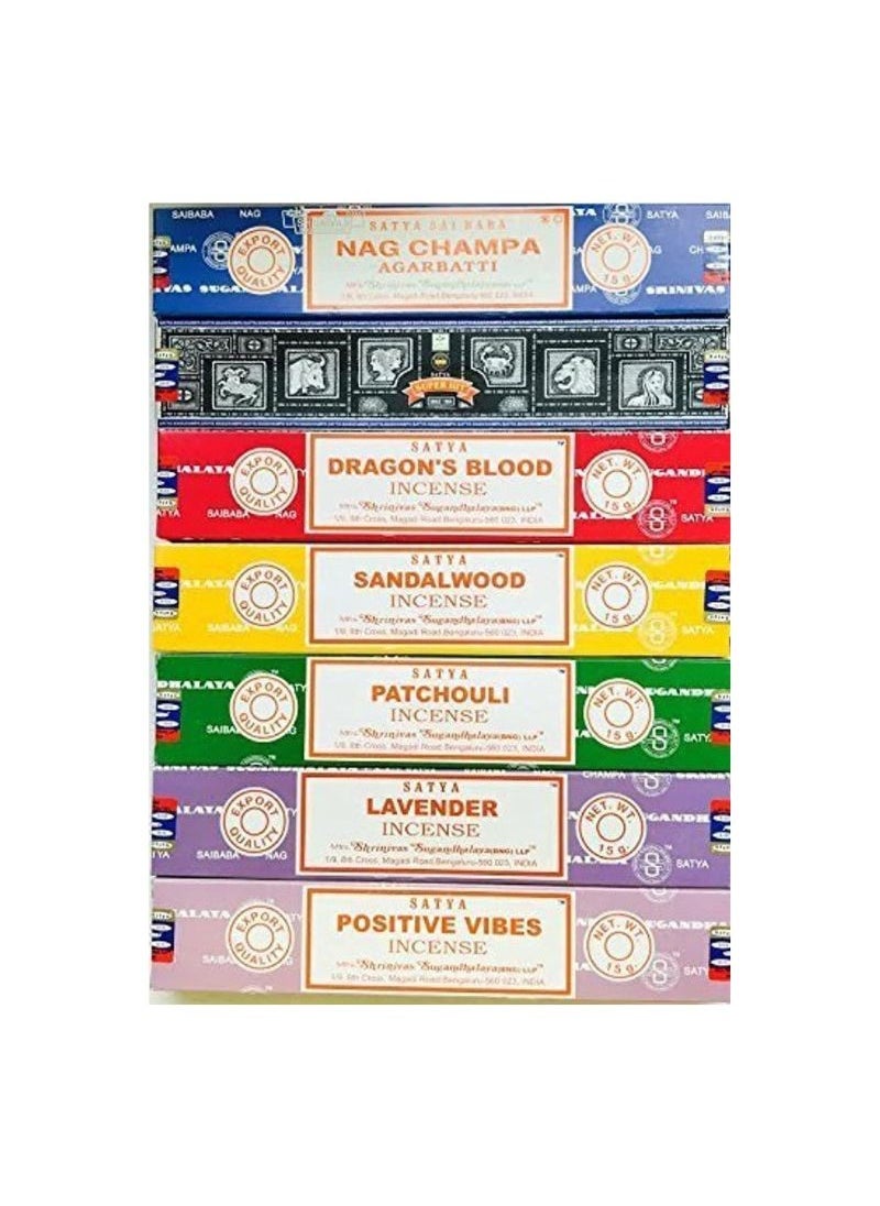 Satya - Incense Sticks Gift Set - Pack of 7  | Nag Champa, Dragon's Blood, Positive Vibes, Sandalwood, Pachouli and Lavender Scents - Image 1