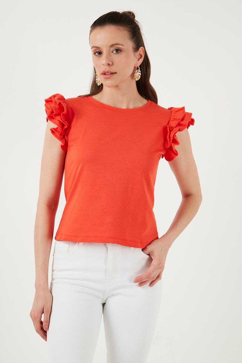 Lela Cotton Sleeves Ruffled Slim Fit Crew Neck T Shirt Women's T Shirt 5864500  - Image 1