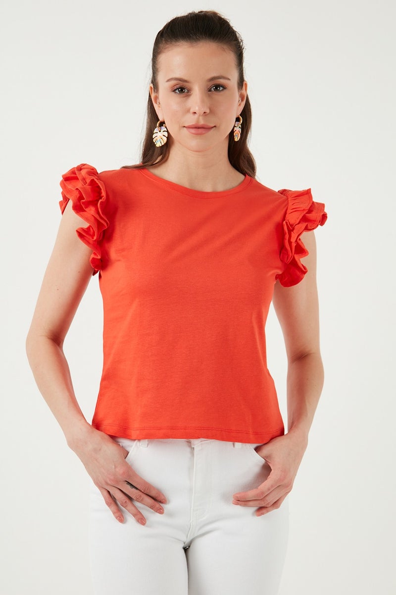 Lela Cotton Sleeves Ruffled Slim Fit Crew Neck T Shirt Women's T Shirt 5864500  - Image 2