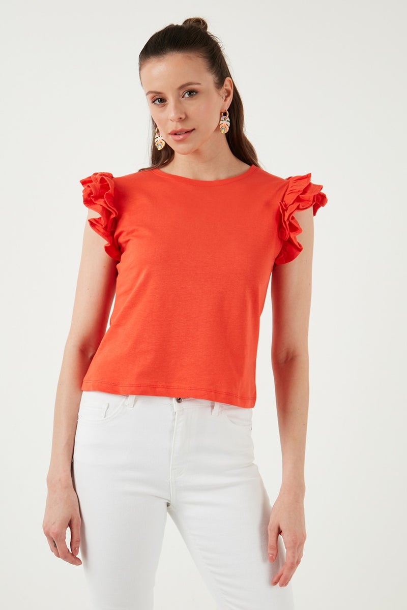 Lela Cotton Sleeves Ruffled Slim Fit Crew Neck T Shirt Women's T Shirt 5864500  - Image 5