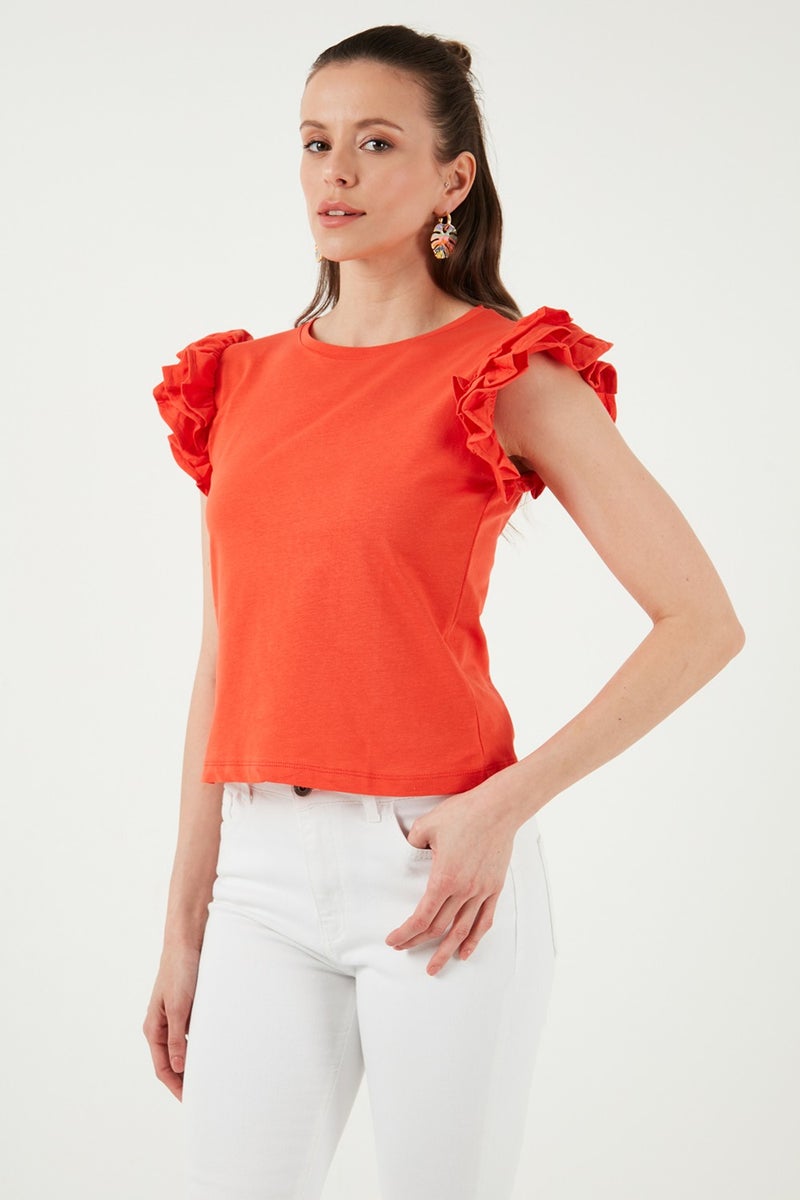 Lela Cotton Sleeves Ruffled Slim Fit Crew Neck T Shirt Women's T Shirt 5864500  - Image 3