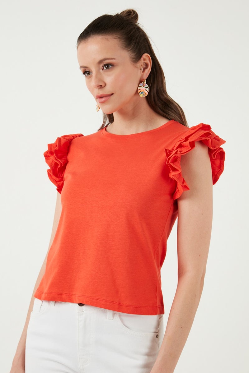 Lela Cotton Sleeves Ruffled Slim Fit Crew Neck T Shirt Women's T Shirt 5864500  - Image 4