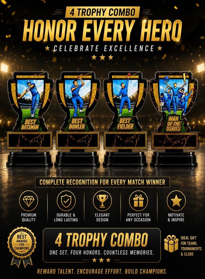 M.F.H Cricket Trophy for Tournament Winners - Best Batsman, Best Bowler, Best Fielder & Man of the Series Trophy | Black & Gold Cricket Award |(All in ONE Cricket Trophy Combo) - Image 5