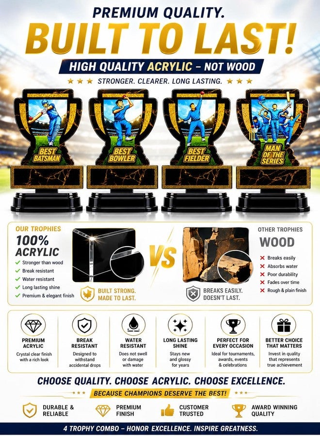 M.F.H Cricket Trophy for Tournament Winners - Best Batsman, Best Bowler, Best Fielder & Man of the Series Trophy | Black & Gold Cricket Award |(All in ONE Cricket Trophy Combo) - Image 3