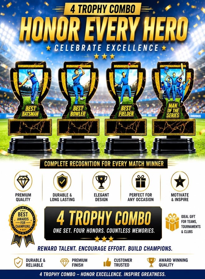 M.F.H Cricket Trophy for Tournament Winners - Best Batsman, Best Bowler, Best Fielder & Man of the Series Trophy | Black & Gold Cricket Award |(All in ONE Cricket Trophy Combo) - Image 2