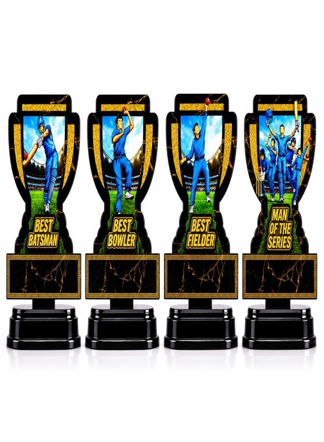 M.F.H Cricket Trophy for Tournament Winners - Best Batsman, Best Bowler, Best Fielder & Man of the Series Trophy | Black & Gold Cricket Award |(All in ONE Cricket Trophy Combo) - Image 1