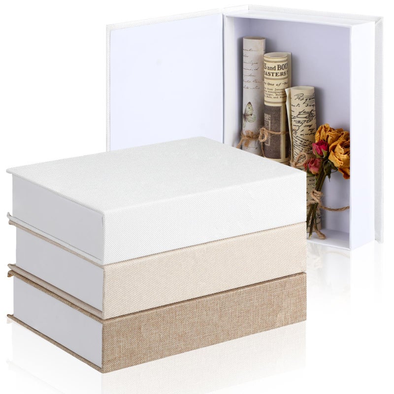 Tioncy 3 Pcs Fake Book Box Neutral Linen Book Box Decorative Faux Prop Storage for Farmhouse Home Decor shelf Table Card Photo DIY Keepsake Gift86 x 61 x 18 InchMulticolor