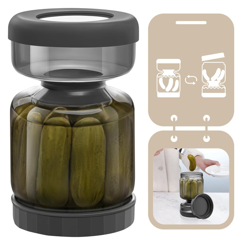 Luvan Pickle Jar with Strainer Flip 34oz Pickle Container with Strainer Upside Down Pickle Flip JarGlass Pickle Holder with Leakproof Airtight Lid Hourglass Pickle Storage for OliveJalapenoGrey
