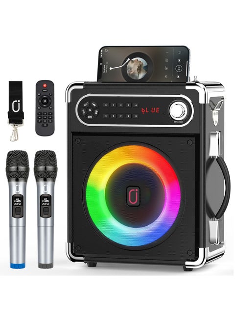Karaoke Machine With Two Wireless Microphones Portable Bluetooth Speaker With Bass Treble Adjustment Remote Control And Led Lights Supports Tf Card Usb Aux In Fm Rec For Party