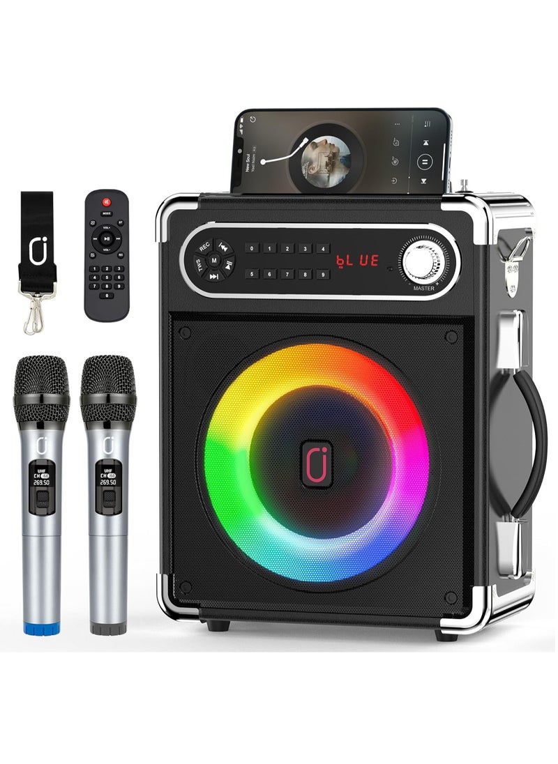JYX - Karaoke Machine With Two Wireless Microphones Portable Bluetooth Speaker With Bass Treble Adjustment Remote Control And Led Lights Supports Tf Card Usb Aux In Fm Rec For Party - Image 1