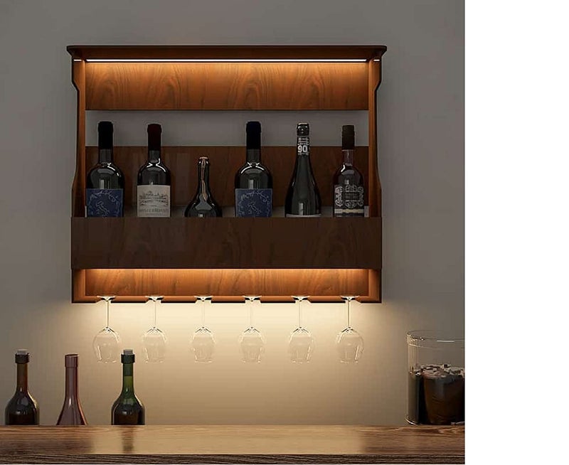 Indigo interiors Jorden Wooden Wall Hanging Design Bar | Bar Cabinets for Home | Mini Bar for Home | Solid Wood Make Wine Storage Cabinet with Glass Hanging Space-Teak Finish - Image 1