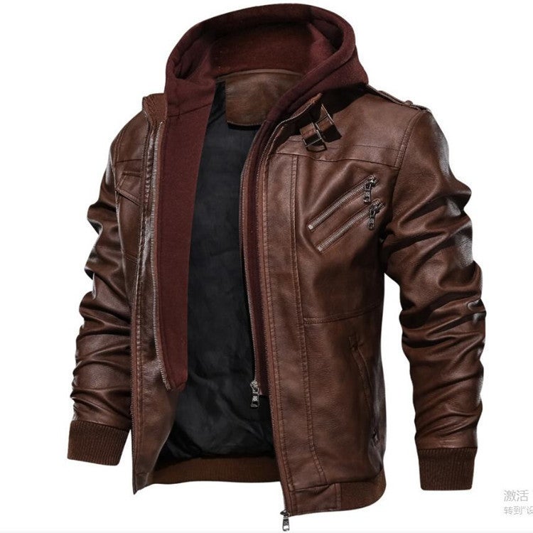 Men's Vintage PU Leather Biker Jacket with Detachable Hood Zip Front - Image 2