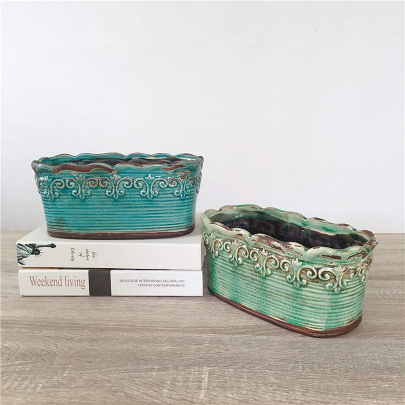 Beitewei Rectangular Ceramic Orchid Plant Pot French Country Planter Succulent Container Windowsill Planter Decoration (10 Inch Length, Rectangle) (Green) - Image 4