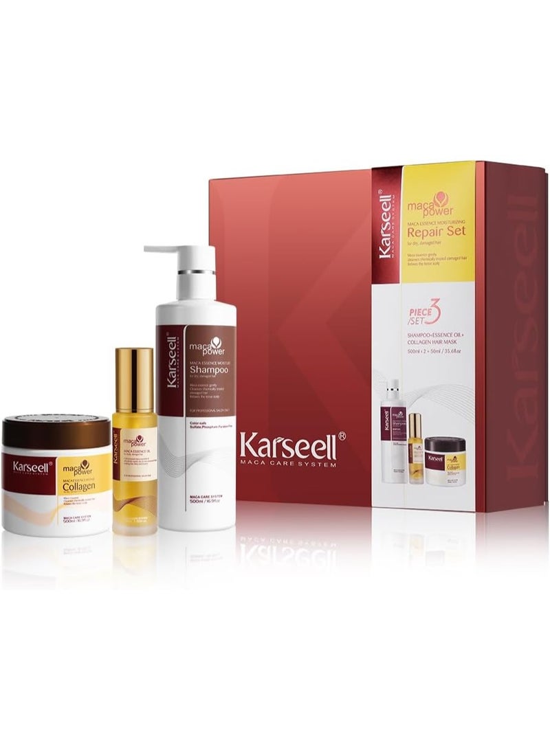 Karseell Collagen Hair Treatment Deep Repair Conditioning Mask, Shampoo and Argan Oil Set for Dry Damaged Hair of All Types - 16.9floz + 16.9floz + 1.69floz - Image 1