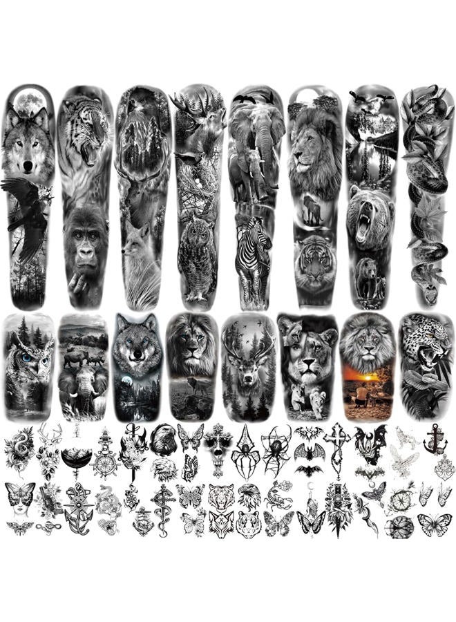 Metuu 46 Sheets Full Arm Temporary Tattoo Waterproof Realistic For Men And Women, Wolf Tiger Lion Eagle Extra Large Fake Tattoo Stick On Whole Arm Shoulder Leg - Image 1