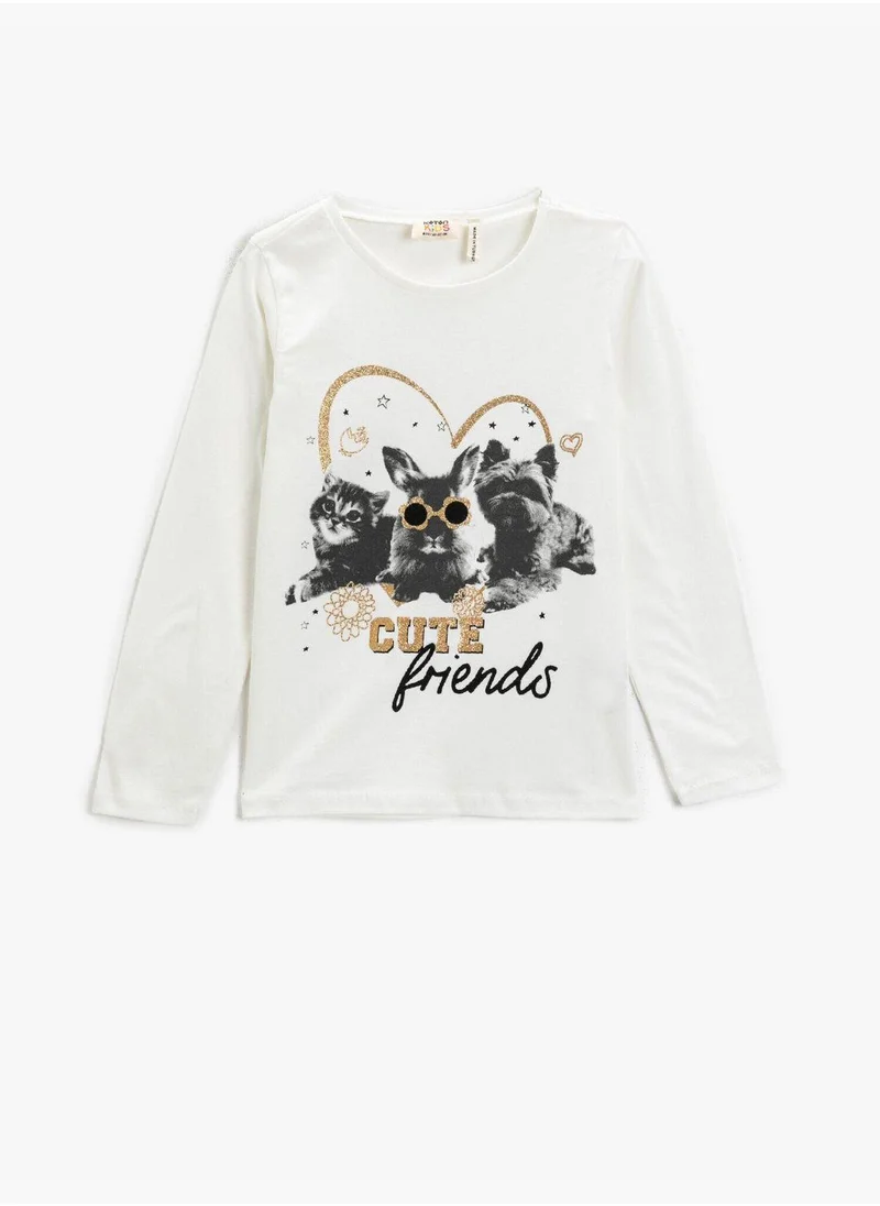 كوتون Animal Printed T-Shirt Long Sleeve Crew Neck Cotton