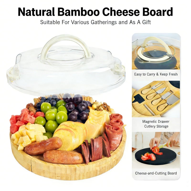 SRRUI Charcuterie Board Set with Lid Round, Portable Bamboo Cheese Board Set,Travel Tray with Locking Lid for Picnic, Party, Wedding & Housewarming & Kitchen Gifts for Women - Image 5