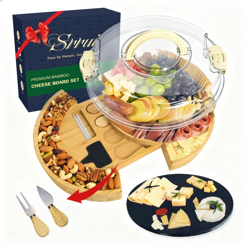 SRRUI Charcuterie Board Set with Lid Round, Portable Bamboo Cheese Board Set,Travel Tray with Locking Lid for Picnic, Party, Wedding & Housewarming & Kitchen Gifts for Women - Image 1
