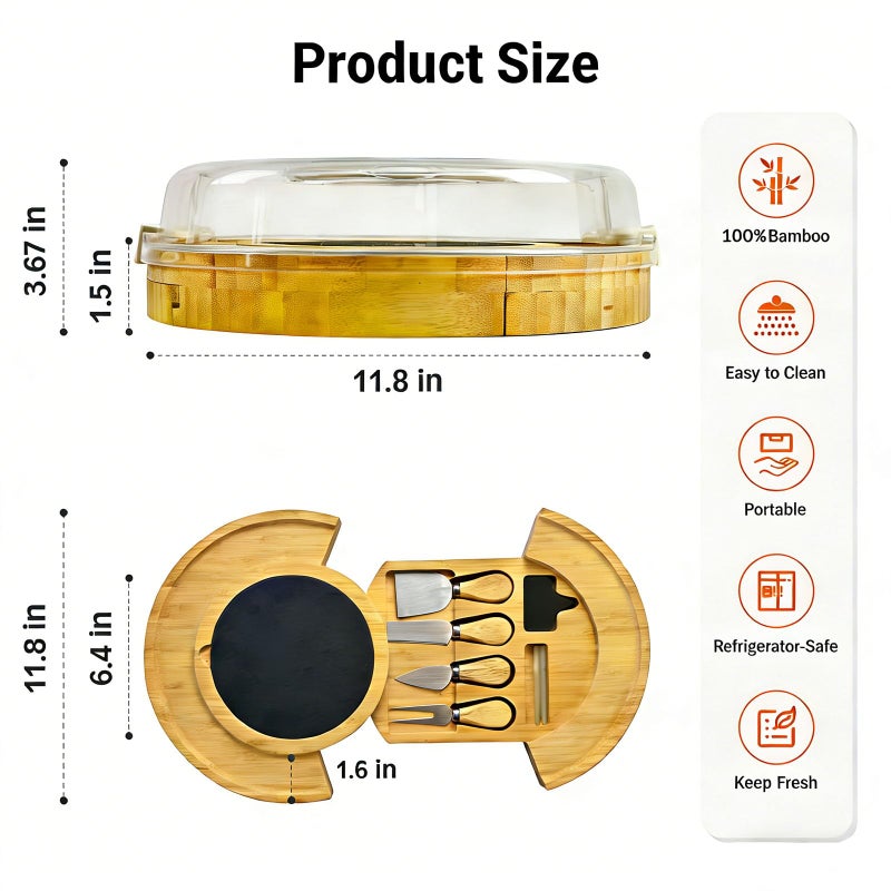 SRRUI Charcuterie Board Set with Lid Round, Portable Bamboo Cheese Board Set,Travel Tray with Locking Lid for Picnic, Party, Wedding & Housewarming & Kitchen Gifts for Women - Image 3